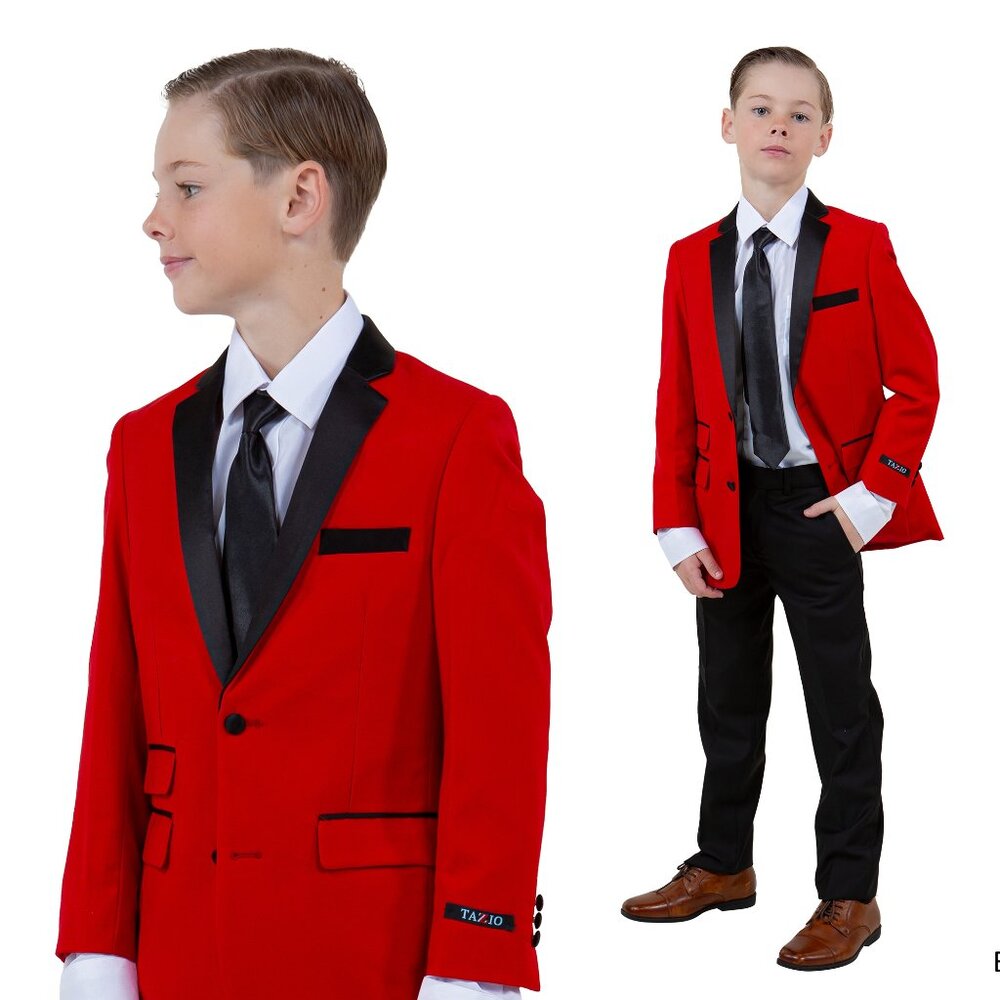 Boys 4pc Red Suit Set Slim-Fit w/ Tuxedo Look by Tazzio